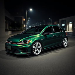 A dark green Volkswagen Golf R MK7, equipped with a strikingly aggressive body kit and eye-catching white rims, parked in a dimly lit urban environment