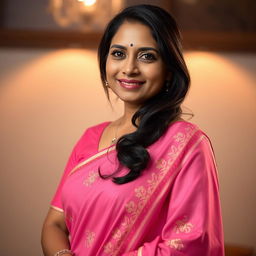 A beautiful mature Bengali woman, dressed in an elegant pink saree, with rich traditional embroidery, radiating charm and grace