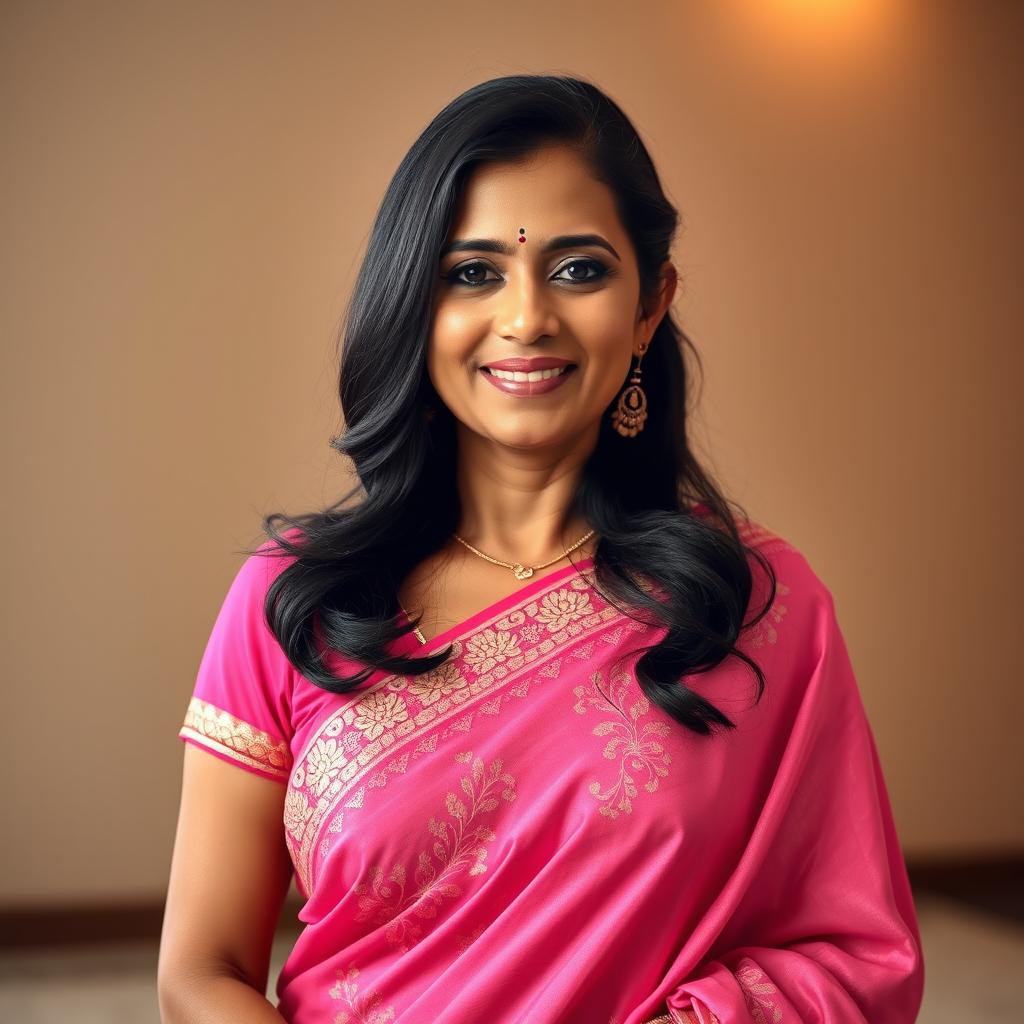 A beautiful mature Bengali woman, dressed in an elegant pink saree, with rich traditional embroidery, radiating charm and grace