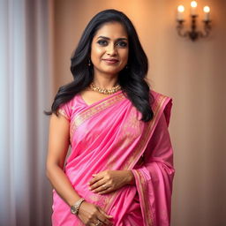 A beautiful mature Bengali woman, dressed in an elegant pink saree, with rich traditional embroidery, radiating charm and grace