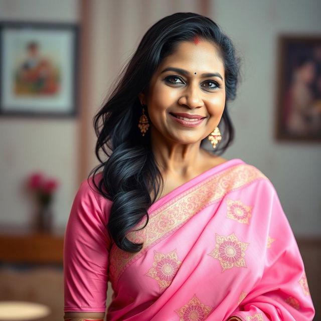 A beautiful mature Bengali woman, dressed in an elegant pink saree, with rich traditional embroidery, radiating charm and grace