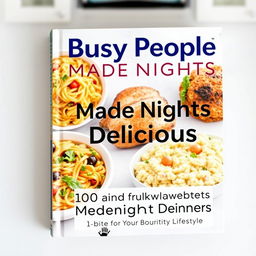 A modern and realistic book cover for a cookbook titled 'Busy People Made Nights Delicious'