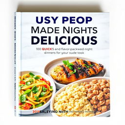 A modern and realistic book cover for a cookbook titled 'Busy People Made Nights Delicious'