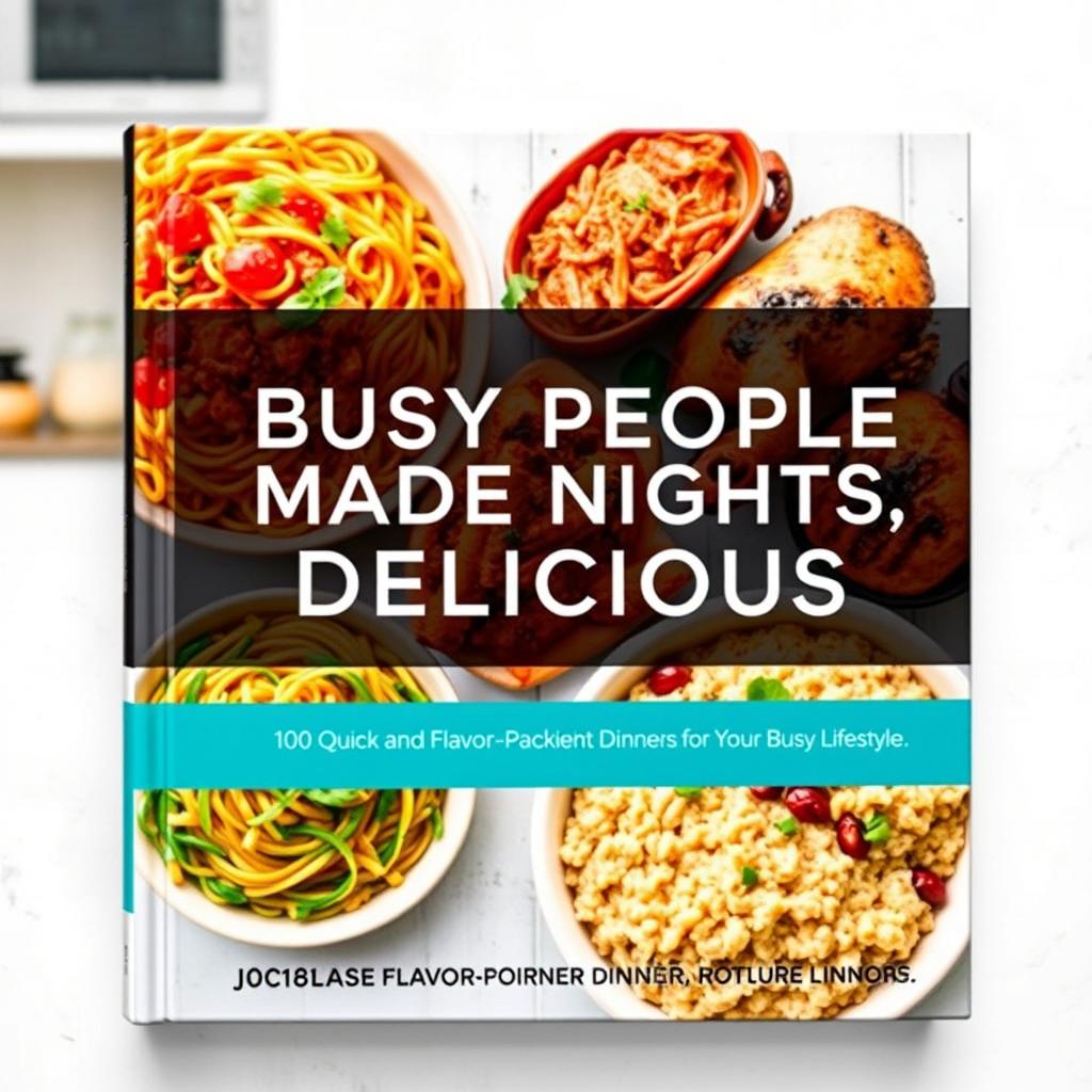 A modern and realistic book cover for a cookbook titled 'Busy People Made Nights Delicious'