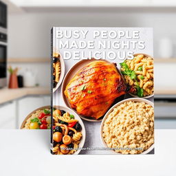 A modern and realistic book cover for a cookbook titled 'Busy People Made Nights Delicious'