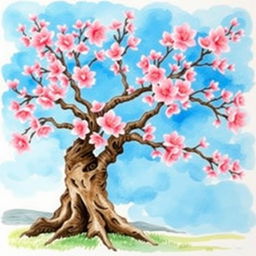 A beautiful watercolor painting of a cherry blossom tree in full bloom, showcasing delicate pink flowers against a serene blue sky