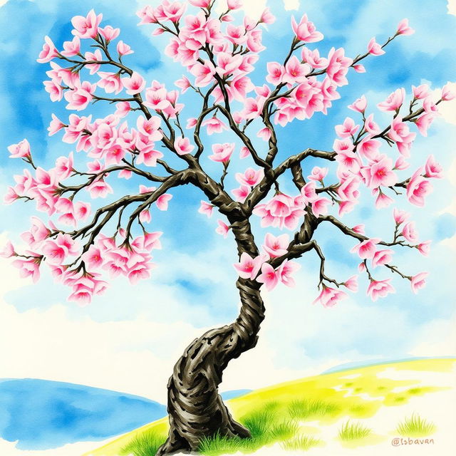 A beautiful watercolor painting of a cherry blossom tree in full bloom, showcasing delicate pink flowers against a serene blue sky