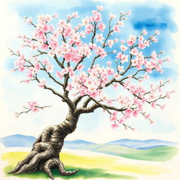 A beautiful watercolor painting of a cherry blossom tree in full bloom, showcasing delicate pink flowers against a serene blue sky