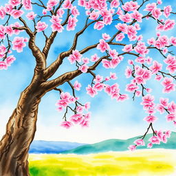 A beautiful watercolor painting of a cherry blossom tree in full bloom, showcasing delicate pink flowers against a serene blue sky