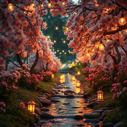A dreamy romantic scene in a tranquil garden, showcasing blooming flowers and soft, glowing lights