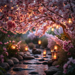 A dreamy romantic scene in a tranquil garden, showcasing blooming flowers and soft, glowing lights