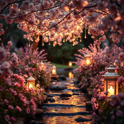 A dreamy romantic scene in a tranquil garden, showcasing blooming flowers and soft, glowing lights
