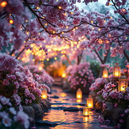 A dreamy romantic scene in a tranquil garden, showcasing blooming flowers and soft, glowing lights