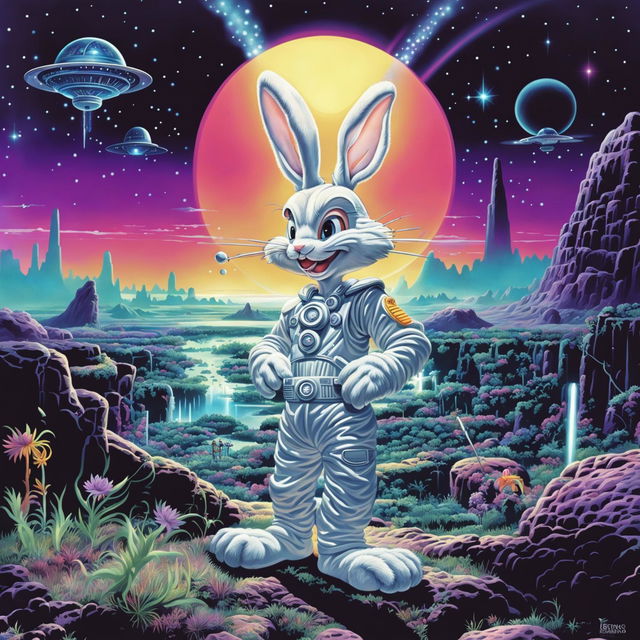 Digital art of Bugs Bunny in a retro sci-fi setting. Dressed in an astronaut suit, holding a futuristic carrot against an alien landscape with a flying saucer and classic sci-fi elements.