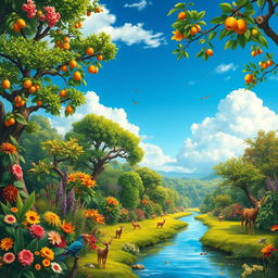 A lush and vibrant depiction of the Garden of Eden, filled with an array of flowering plants, trees with rich green foliage, and exotic fruits hanging from the branches