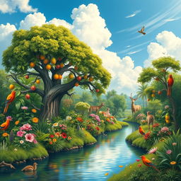 A lush and vibrant depiction of the Garden of Eden, filled with an array of flowering plants, trees with rich green foliage, and exotic fruits hanging from the branches