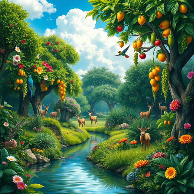 A lush and vibrant depiction of the Garden of Eden, filled with an array of flowering plants, trees with rich green foliage, and exotic fruits hanging from the branches