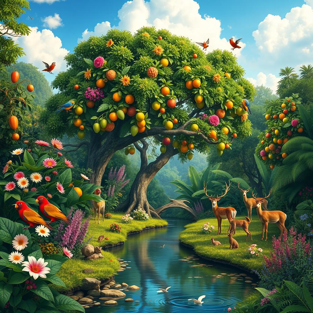 A lush and vibrant depiction of the Garden of Eden, filled with an array of flowering plants, trees with rich green foliage, and exotic fruits hanging from the branches