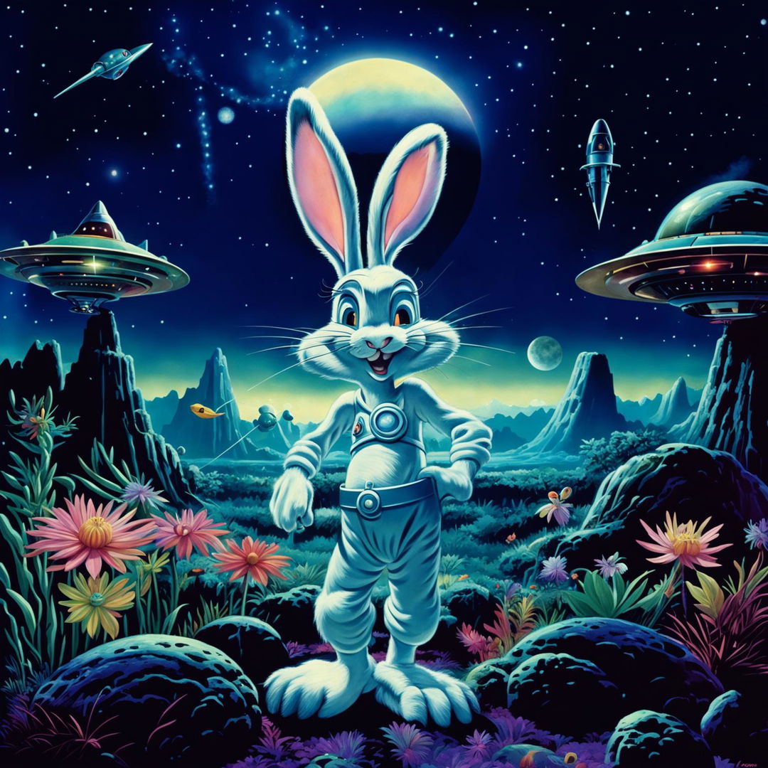 Classic Bugs Bunny in a retro sci-fi setting, wearing a space helmet, leaning on a futuristic carrot rocket on an alien planet with a vintage flying saucer in the background.