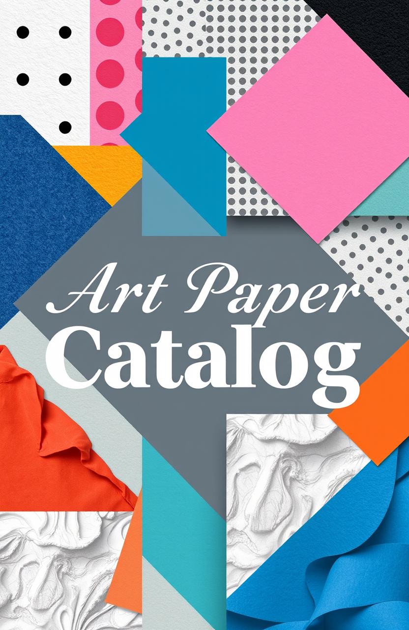 A modern catalog cover design for art paper, featuring a minimalist aesthetic with bold geometric shapes and a vibrant color palette