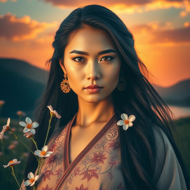 A striking portrait of a strong, proud woman with an intense gaze, set in a serene natural landscape