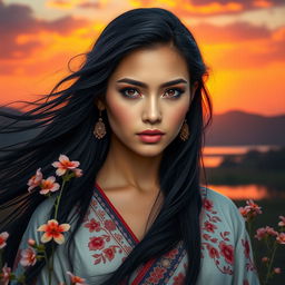 A striking portrait of a strong, proud woman with an intense gaze, set in a serene natural landscape