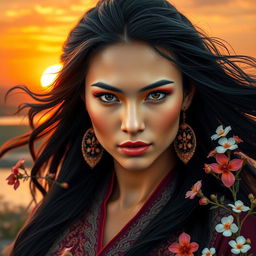 A striking portrait of a strong, proud woman with an intense gaze, set in a serene natural landscape