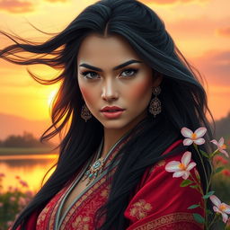 A striking portrait of a strong, proud woman with an intense gaze, set in a serene natural landscape