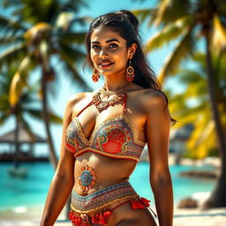 A stunning Indian woman wearing a colorful, intricately designed bikini inspired by traditional Indian patterns