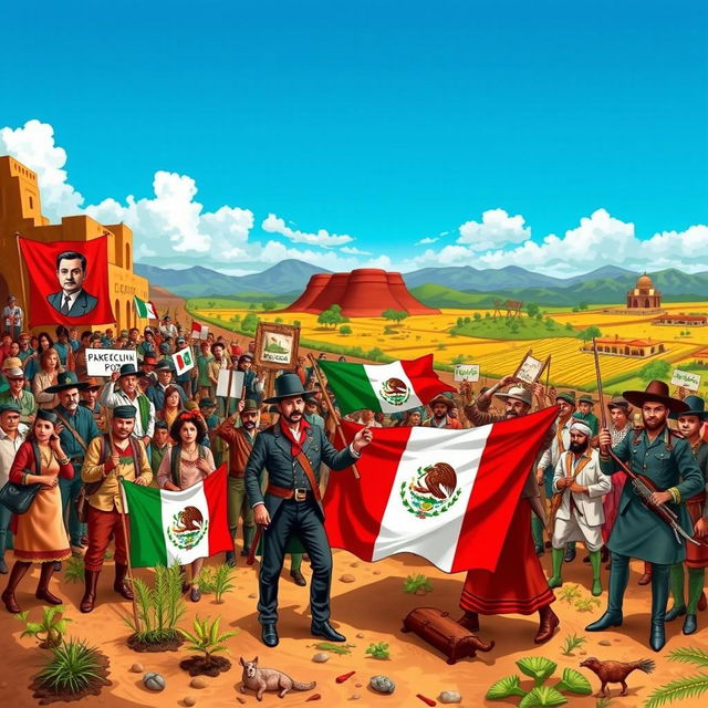 A detailed depiction of the causes of the Mexican Revolution, featuring various social, economic, and political elements