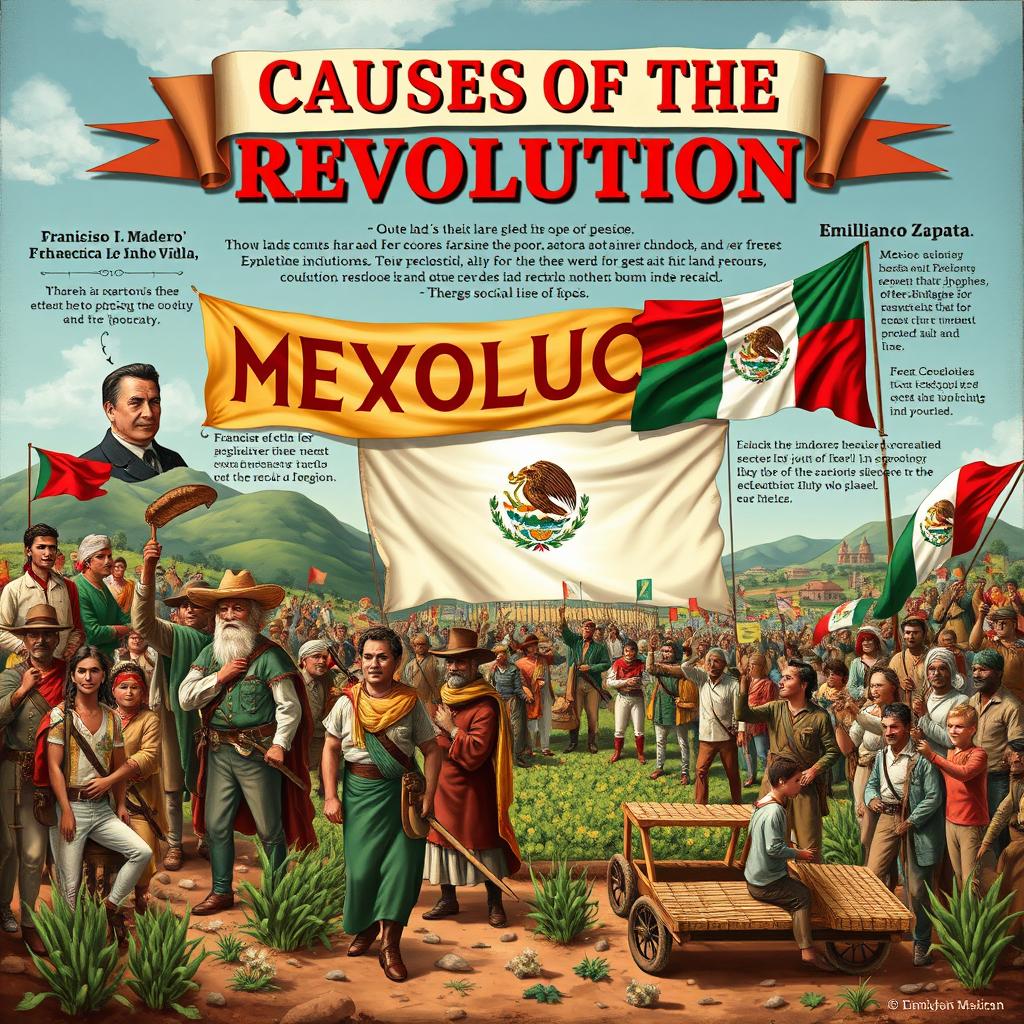 A detailed depiction of the causes of the Mexican Revolution, featuring various social, economic, and political elements