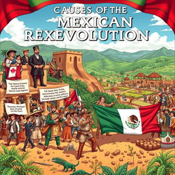 A detailed depiction of the causes of the Mexican Revolution, featuring various social, economic, and political elements