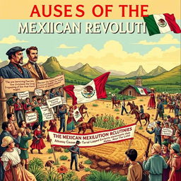 A detailed depiction of the causes of the Mexican Revolution, featuring various social, economic, and political elements