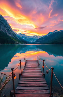 A breathtaking landscape featuring a serene lake reflecting the vibrant colors of a sunset, surrounded by towering mountains and lush green forests