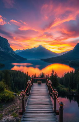 A breathtaking landscape featuring a serene lake reflecting the vibrant colors of a sunset, surrounded by towering mountains and lush green forests