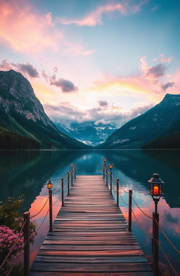 A breathtaking landscape featuring a serene lake reflecting the vibrant colors of a sunset, surrounded by towering mountains and lush green forests