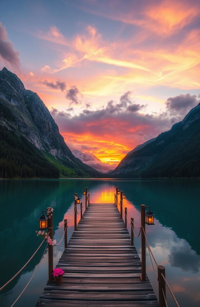 A breathtaking landscape featuring a serene lake reflecting the vibrant colors of a sunset, surrounded by towering mountains and lush green forests