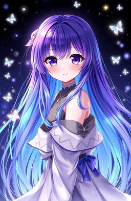 A stunning anime girl with long flowing hair that transitions from blue at the roots to deep purple at the tips, her hair shimmering under a magical light