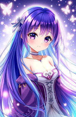 A stunning anime girl with long flowing hair that transitions from blue at the roots to deep purple at the tips, her hair shimmering under a magical light
