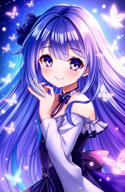 A stunning anime girl with long flowing hair that transitions from blue at the roots to deep purple at the tips, her hair shimmering under a magical light