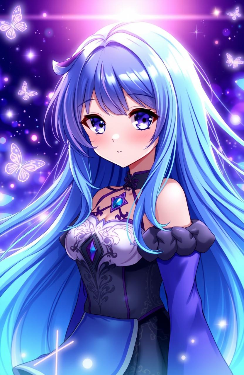 A stunning anime girl with long flowing hair that transitions from blue at the roots to deep purple at the tips, her hair shimmering under a magical light