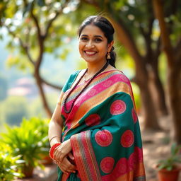 A stylish Bengali aunty in a beautifully draped hot saree that accentuates her figure