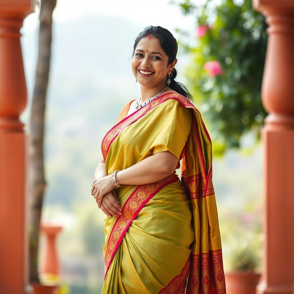 A stylish Bengali aunty in a beautifully draped hot saree that accentuates her figure