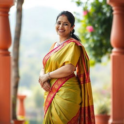 A stylish Bengali aunty in a beautifully draped hot saree that accentuates her figure