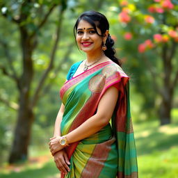 A stylish Bengali aunty in a beautifully draped hot saree that accentuates her figure
