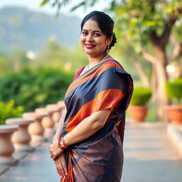 A stylish Bengali aunty in a beautifully draped hot saree that accentuates her figure