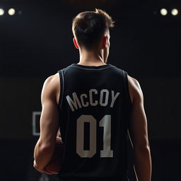 A dark-themed image of a brown-haired basketball player from behind, with the name 'McCoy' and the number '01' on his jersey