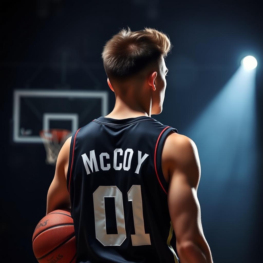 A dark-themed image of a brown-haired basketball player from behind, with the name 'McCoy' and the number '01' on his jersey
