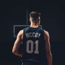 A dark-themed image of a brown-haired basketball player from behind, with the name 'McCoy' and the number '01' on his jersey