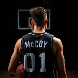 A dark-themed image of a brown-haired basketball player from behind, with the name 'McCoy' and the number '01' on his jersey